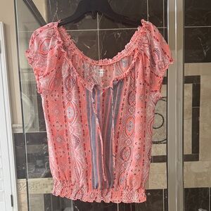 Women’s Pink Paisley Peasant Blouse with Tie Neck